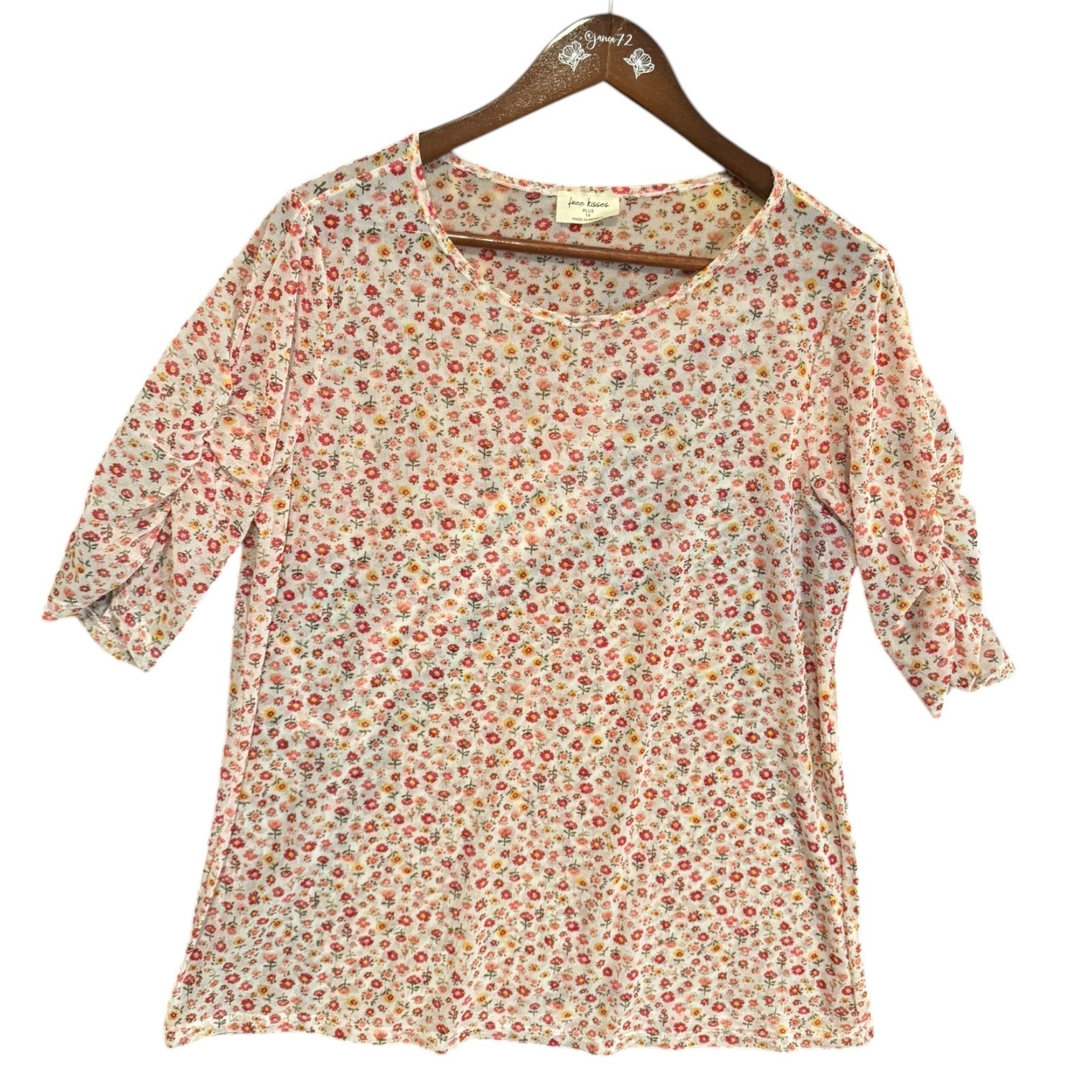 Free Kisses Plus Floral Mesh Top Ruched Sleeve Red Orange Ditsy Print 1x Y2k